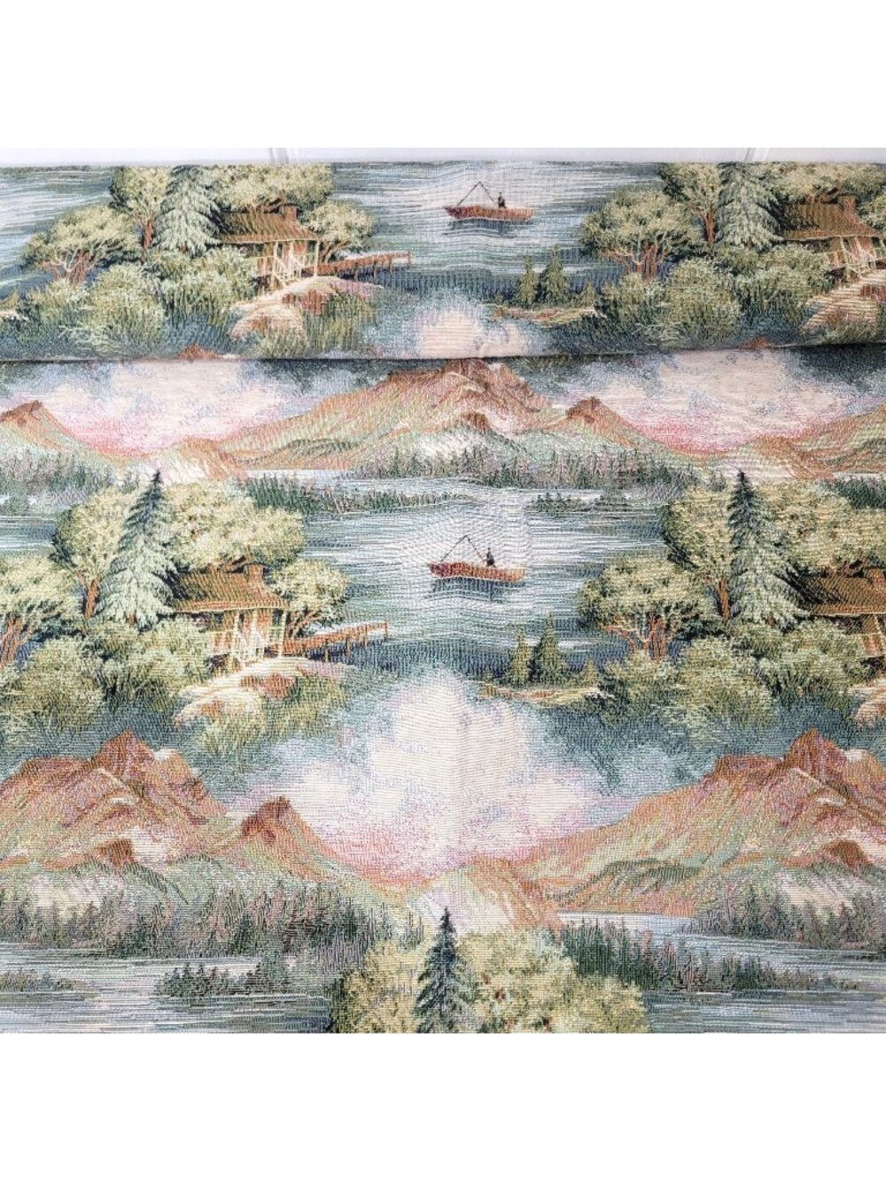 Cabin Lake House Fishing Mountains Forest Tapestry Fabric, 2 Yards